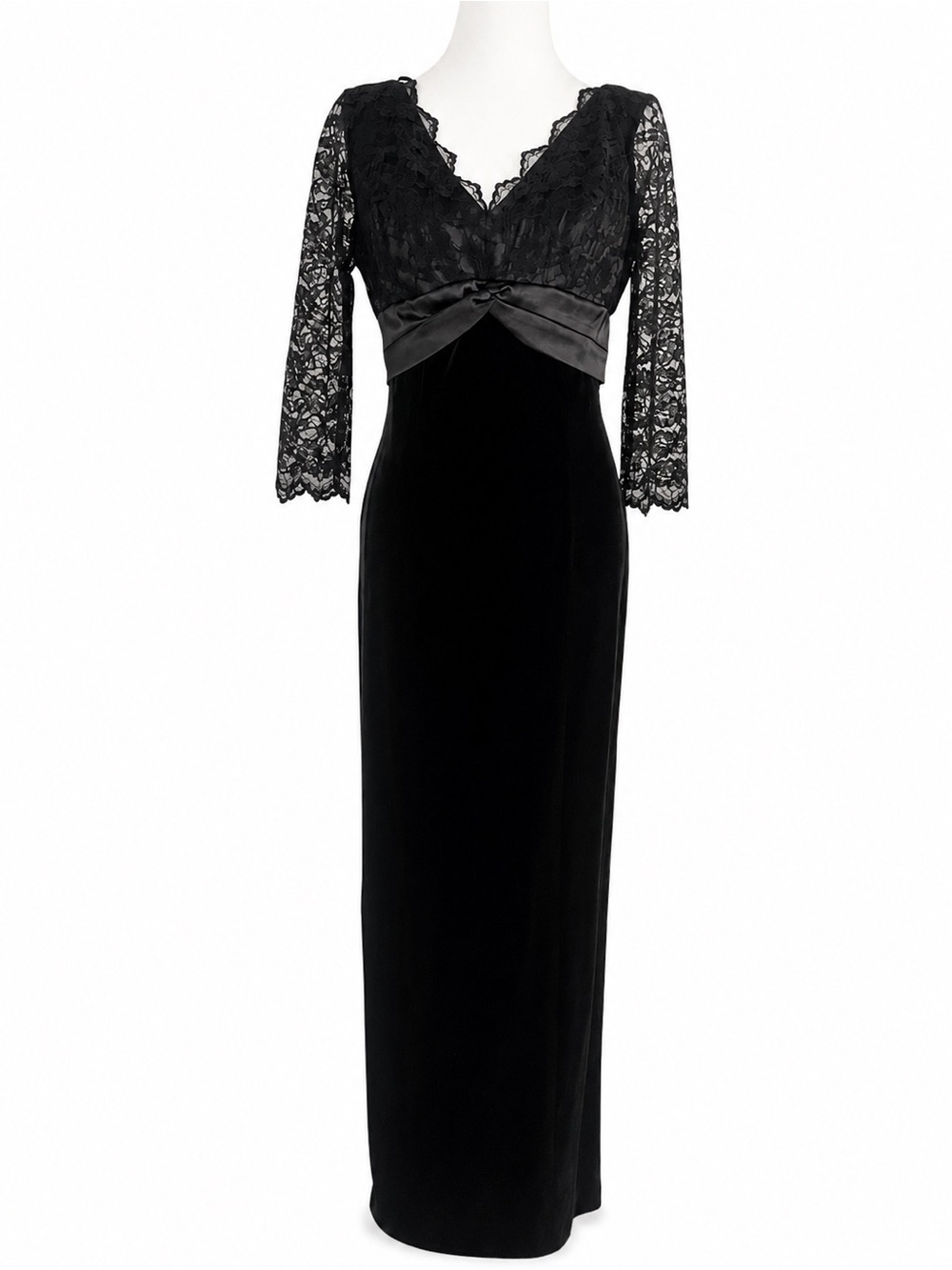 Alex Evenings Black Lace Velvet Evening Gown Size 8 Maxi Formal Dress Satin luxe